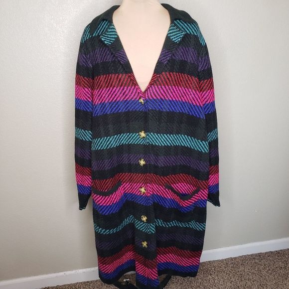 torrid Sweaters - Torrid Notched Cardigan Sweater Duster Plaid Striped Black Blue Red 3X